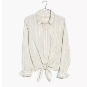 Madewell Tie-Front Button Down Shirt in White & Blue Stripe XS NWT